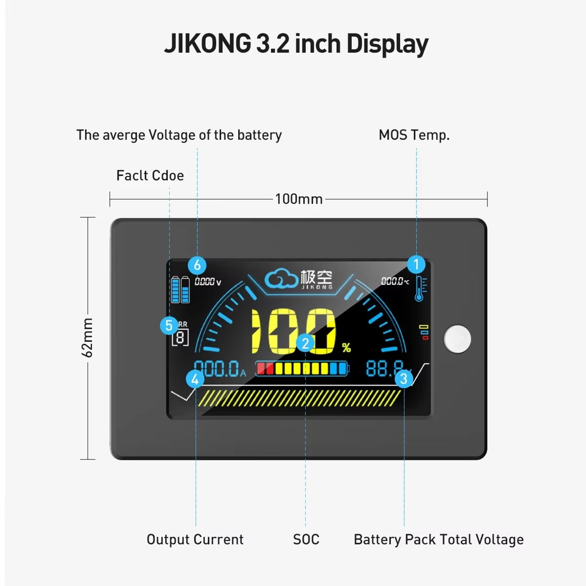 JK BMS (Jikong) LCD дисплей (LCD-3.2-RS485) 3.2″, з кнопкою активації