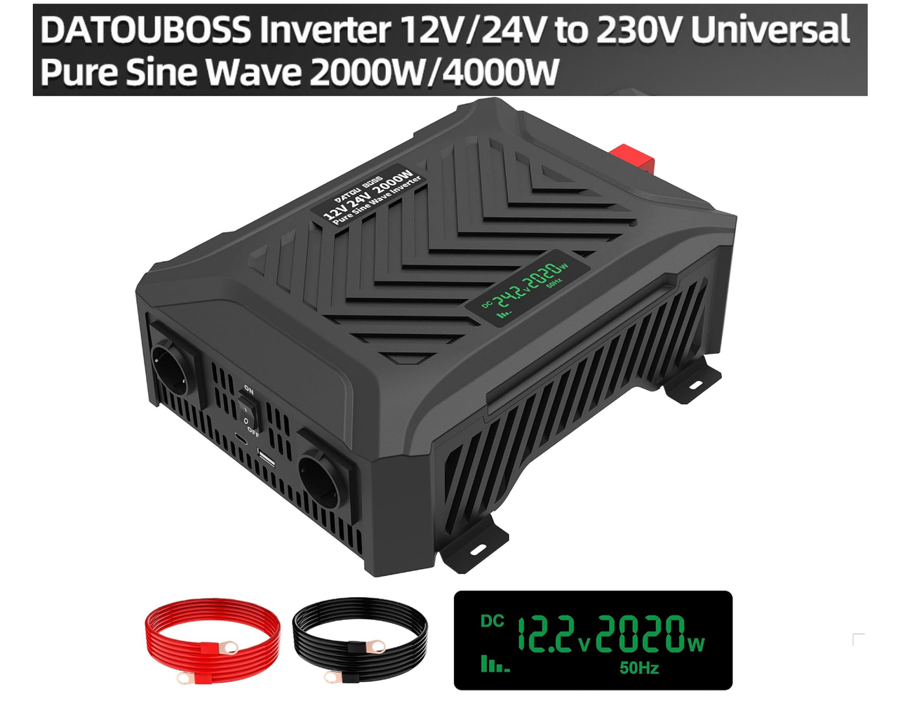 Інвертор Datauboss 2000W Pure Sine Wave DT-PSW-E2000 (12V/24V) з LCD-екраном і захистом
