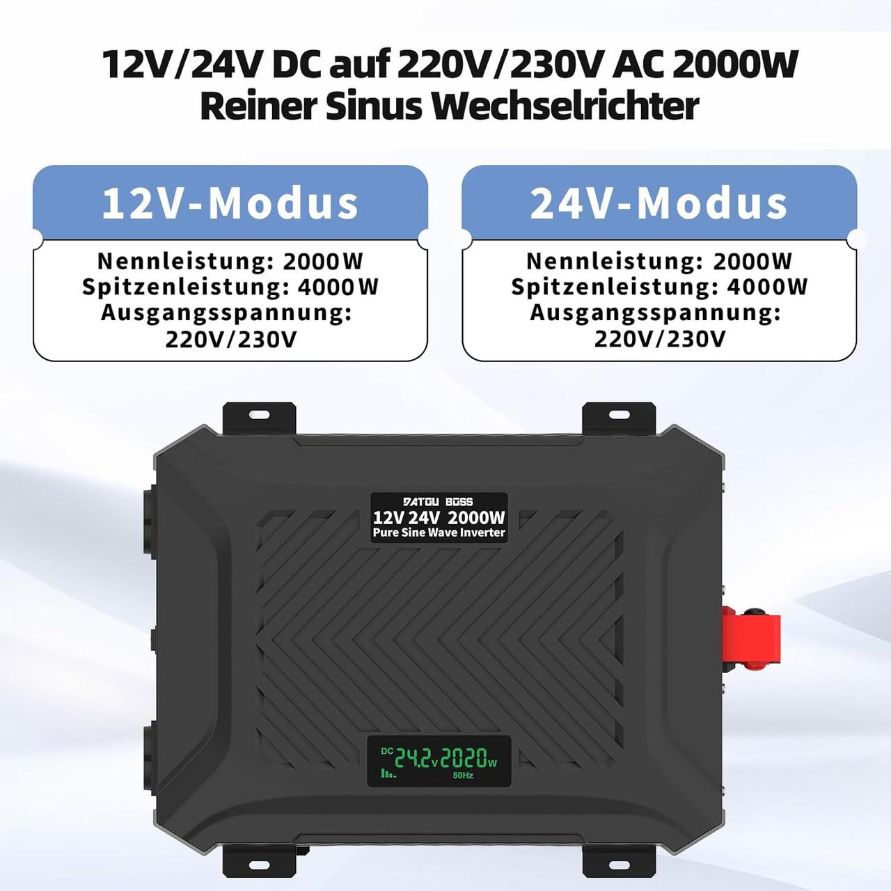 Інвертор Datauboss 2000W Pure Sine Wave DT-PSW-E2000 (12V/24V) з LCD-екраном і захистом