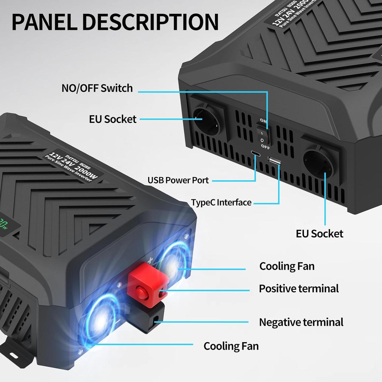Інвертор Datauboss 2000W Pure Sine Wave DT-PSW-E2000 (12V/24V) з LCD-екраном і захистом