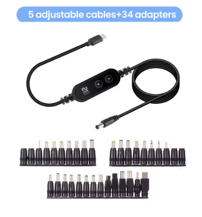 Кабель-перетворювач USB-C PD → DC 5/9/12/15/20V, до 60W (20V3A), регулювання кнопкою + дисплей, набір 34 перехідників на DC