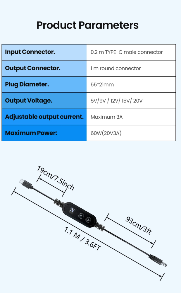 Кабель-перетворювач USB-C PD → DC 5/9/12/15/20V, до 60W (20V3A), регулювання кнопкою + дисплей, набір 34 перехідників на DC