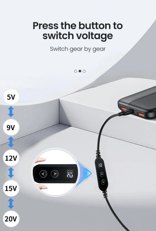 Кабель-перетворювач USB-C PD → DC 5/9/12/15/20V, до 60W (20V3A), регулювання кнопкою + дисплей, набір 34 перехідників на DC