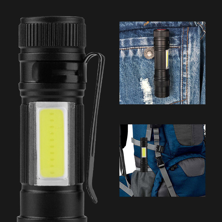 Кишеньковий ліхтар BL-525 XPE+COB з оптичним зумом, кліпса, micro-USB зарядка, акумулятор 400mAh, 100lm, чорний