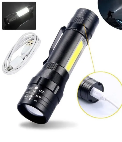 Кишеньковий ліхтар BL-525 XPE+COB з оптичним зумом, кліпса, micro-USB зарядка, акумулятор 400mAh, 100lm, чорний