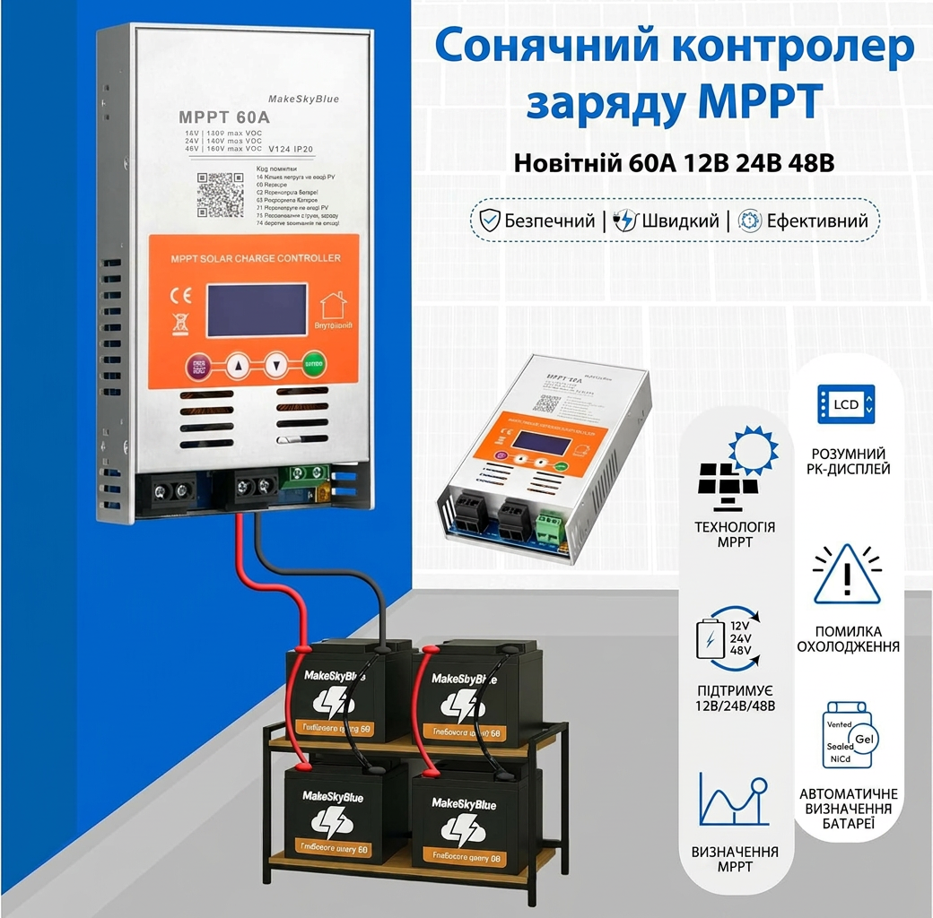 MPPT контролер заряду 60А MakeSkyBlue S3-60A V124 для сонячних панелей 12/24/48В