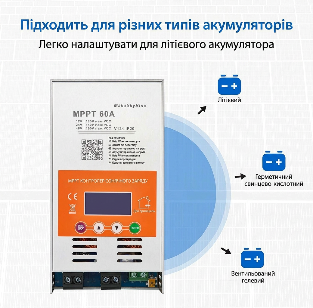 MPPT контролер заряду 60А MakeSkyBlue S3-60A V124 для сонячних панелей 12/24/48В