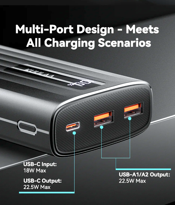 Павербанк KUULAA KL-YD112 20000 мАч 22.5 Вт, Power Bank з цифровим дисплеєм, чорний
