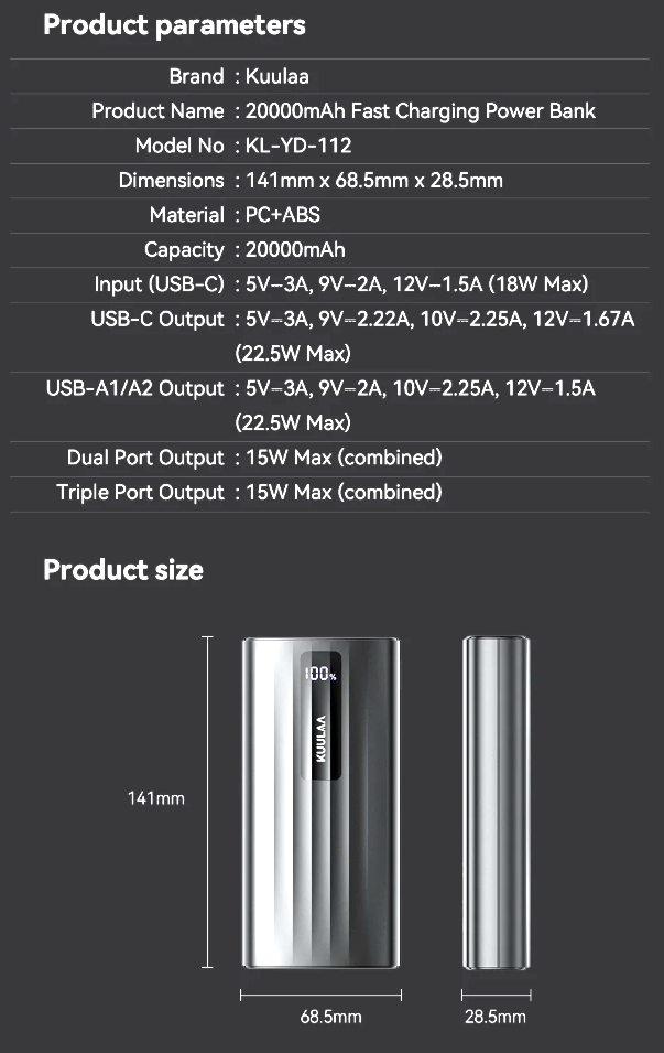 Павербанк KUULAA KL-YD112 20000 мАч 22.5 Вт, Power Bank з цифровим дисплеєм, чорний