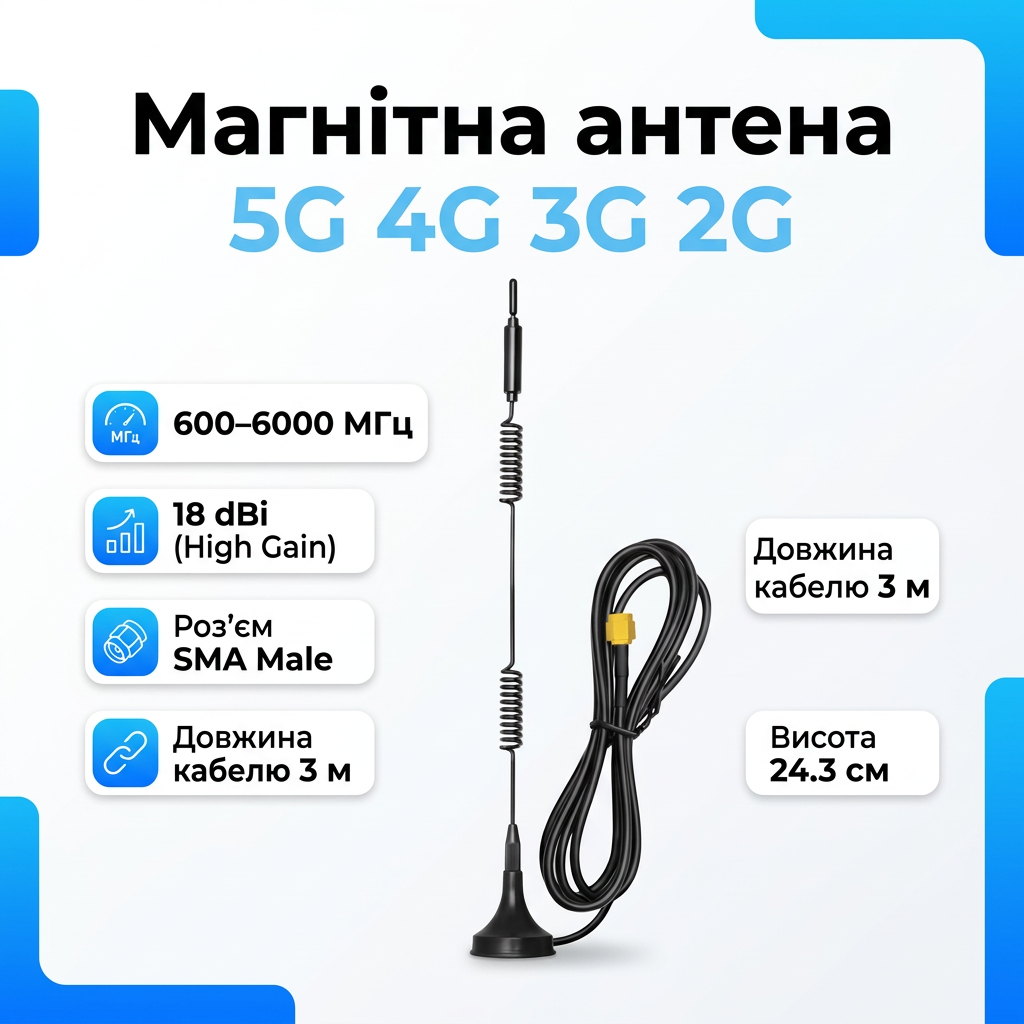 Магнітна антена 5G/4G/3G/2G 600-6000 MHz 18 dBi SMA Male 3m