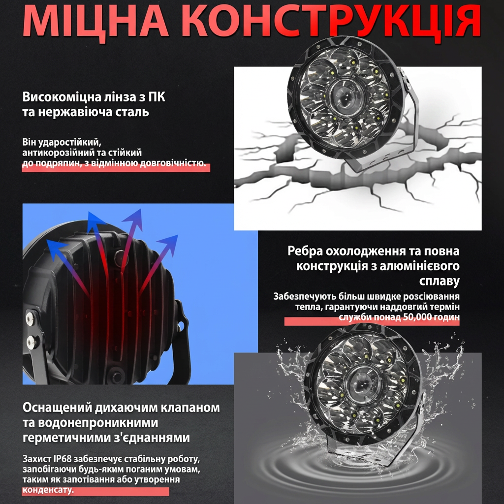 Світлодіодні фари MONDEVIEW E16 7" 120W 4200Lm LED лазерна оптика IP68 9-30V з кабелем