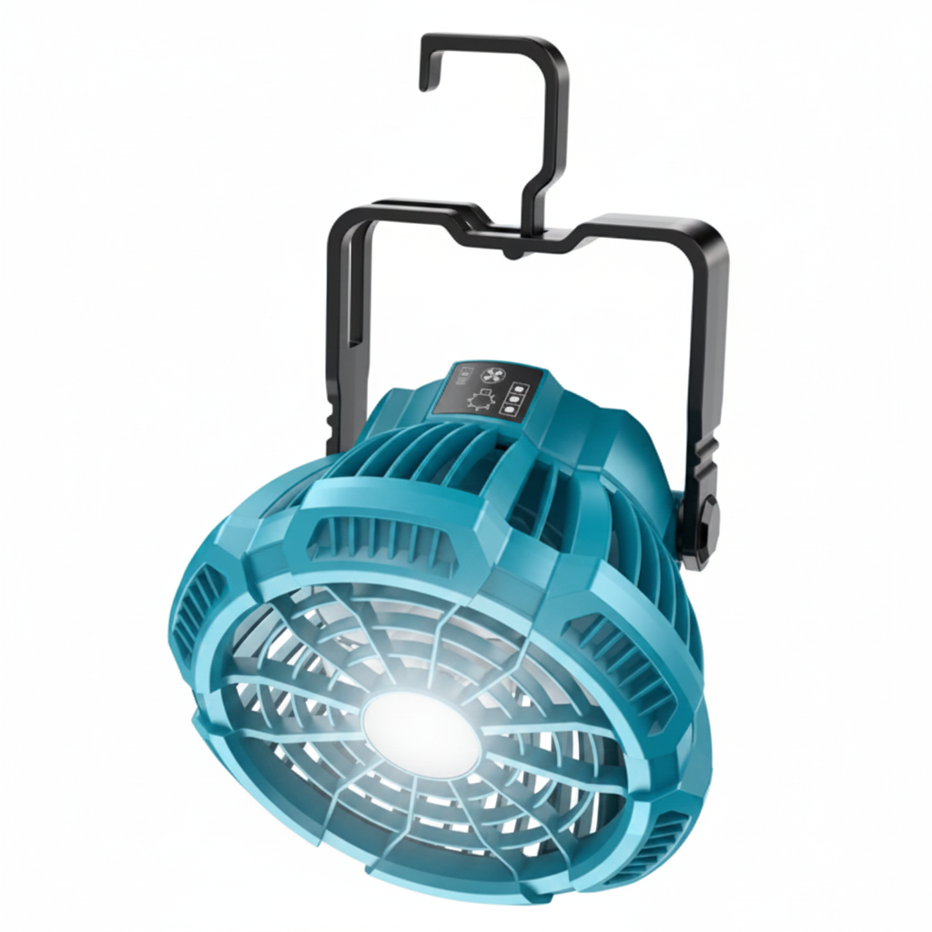 Портативний вентилятор з LED-підсвіткою на акумуляторі Makita 18V — бездротовий, 9 Вт, 3 швидкості, пульт ДУ, таймер