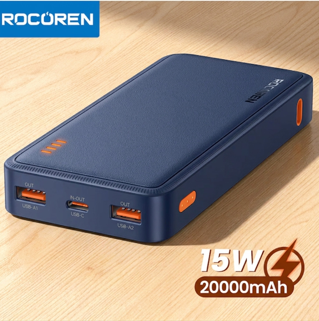 Повербанк Rocoren 20000mAh 15W USB-C із захистом, заряджання 3 пристроїв RCBPHH2K-15W