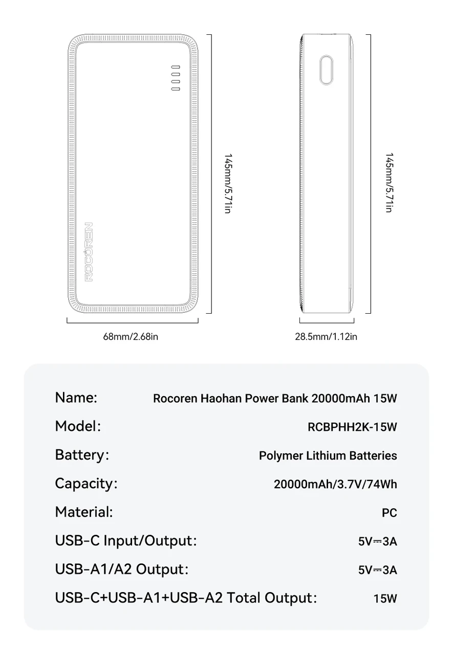 Повербанк Rocoren 20000mAh 15W USB-C із захистом, заряджання 3 пристроїв RCBPHH2K-15W
