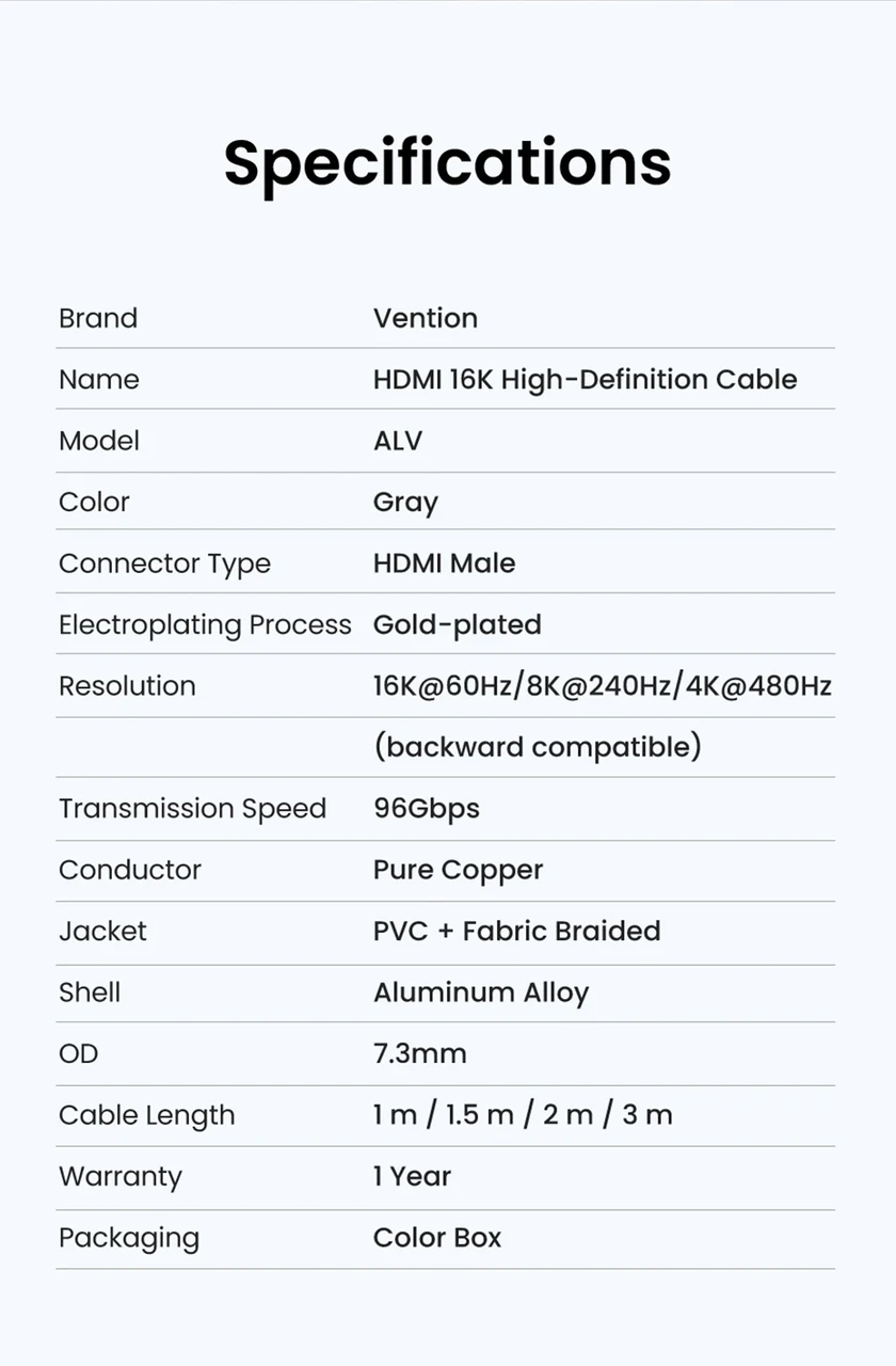 Кабель HDMI 2.2 Vention ALV 1.5 м 96Gbps 16K@60Hz/8K@240Hz/4K@480Hz Ultra High Speed