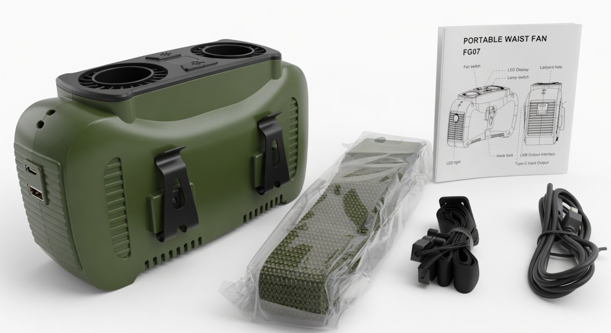 Вентилятор поясний VOSFEEL 10000mAh 5-в-1, подвійний турбовентилятор, до 24 годин роботи, Power Bank, ліхтарик